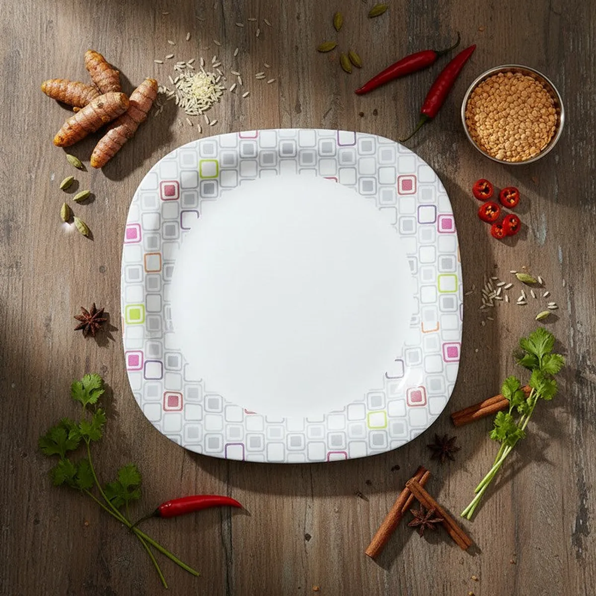 Square quarter plate with colourful geometric border styled with food ingredients