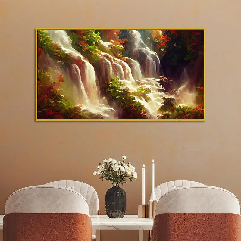 Autumn Waterfalls Landscape Canvas Wall Painting With Frame - Gold media 3