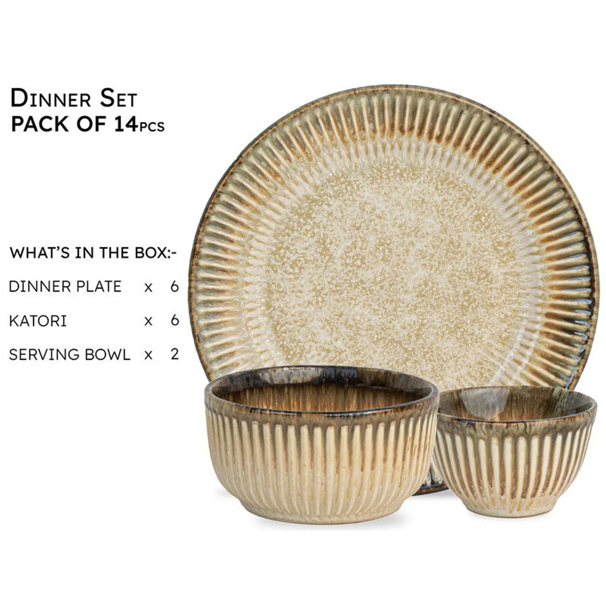 Close view of a beige ribbed dinner plate with bowls