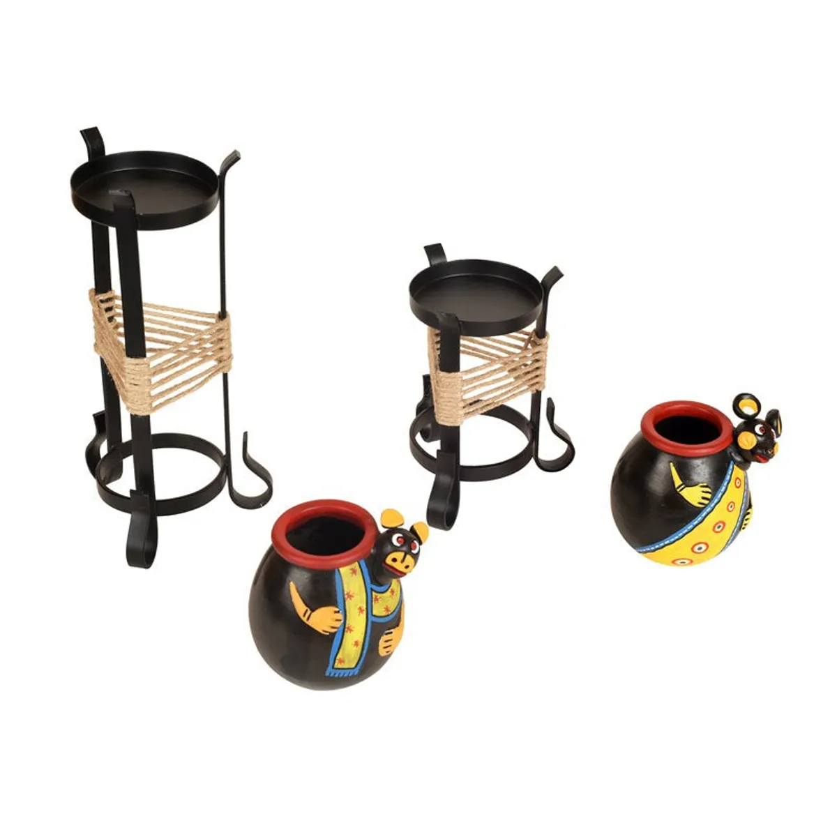 Two vases and their separate black metal stands displayed side by side