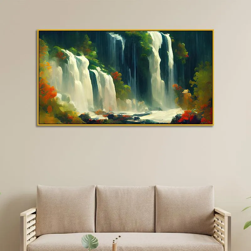 Ephemeral Waterfall Canvas Wall Painting With Frame - Gold media 3