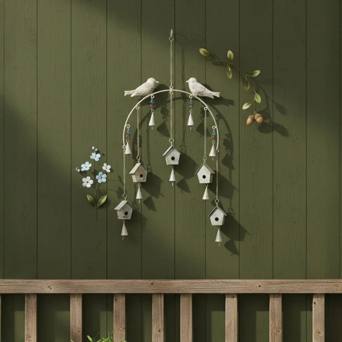White decorative windchime hanging on a green outdoor wall