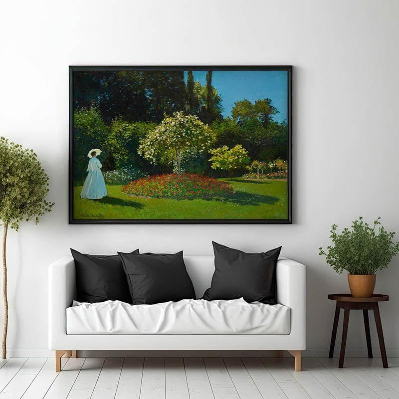 Lady In The Garden Framed Canvas Painting By Claude Monet - Black Frame