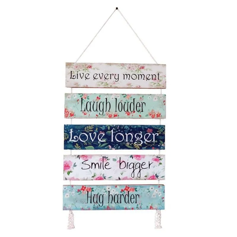 Multicolour five-panel quote wall hanging displayed against a white background