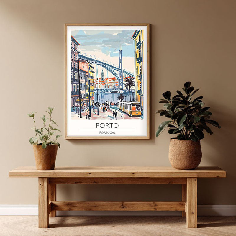 Vintage Porto Framed Canvas Archival Canvas Wall Painting - Natural Brown Frame