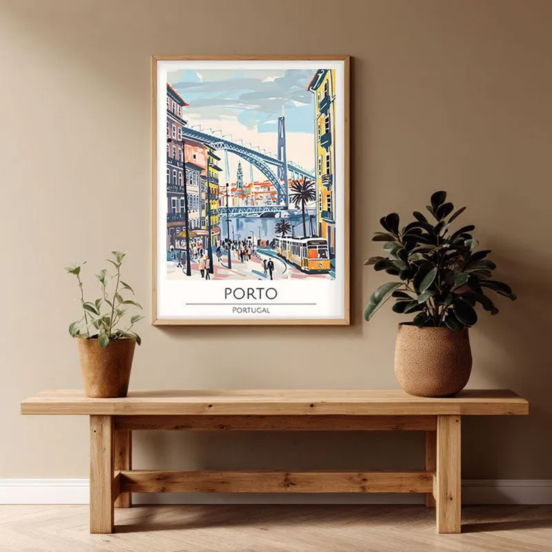 Vintage Porto Framed Canvas Archival Canvas Wall Painting - Natural Brown Frame media 1