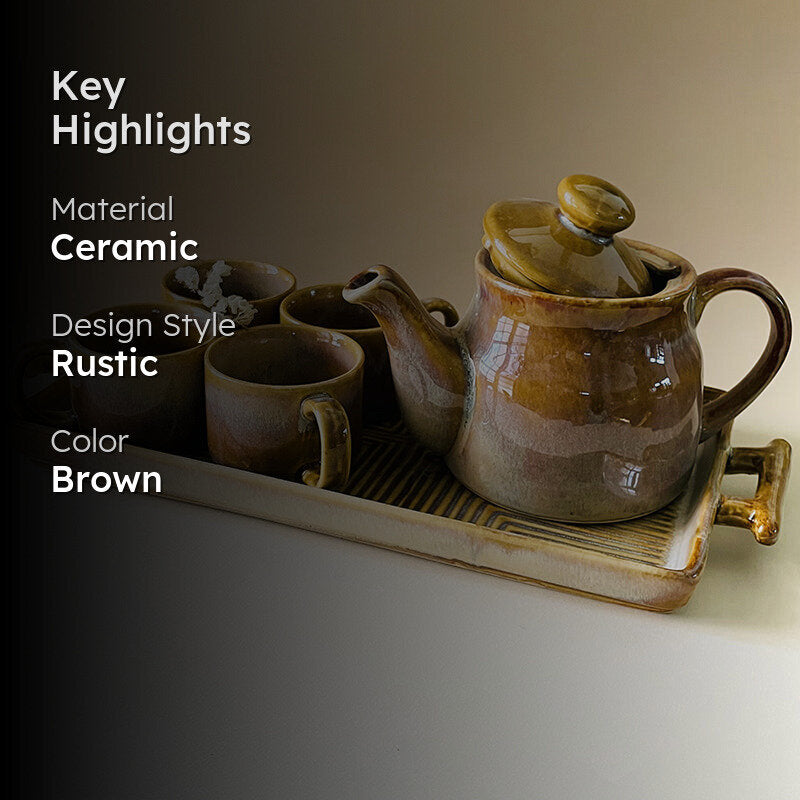 Solace Brew Ceramic Tea Set With Tea Pot & Tray (650 mL/160 mL) - Six Piece Set media 2