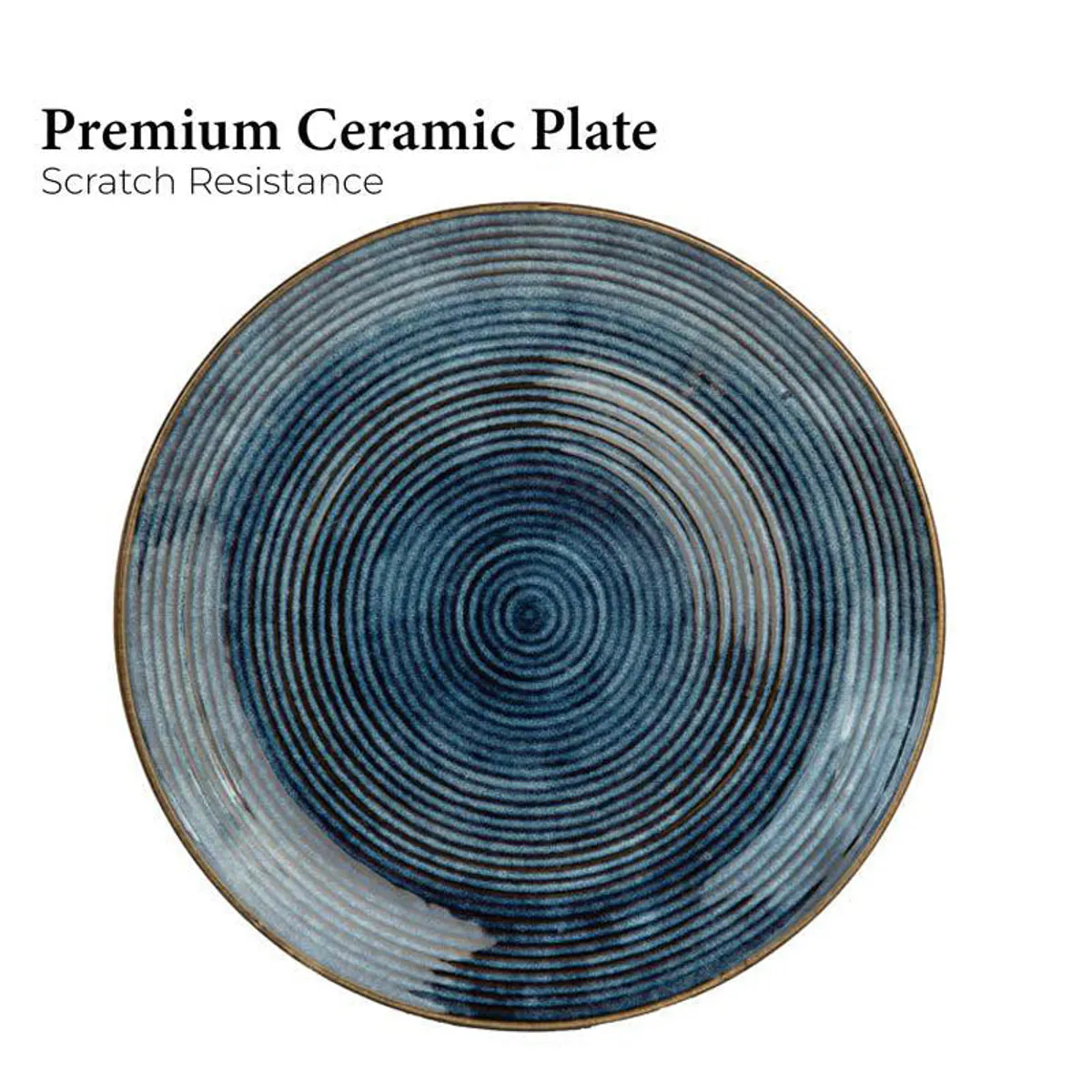 Single blue ceramic dinner plate with concentric ring pattern