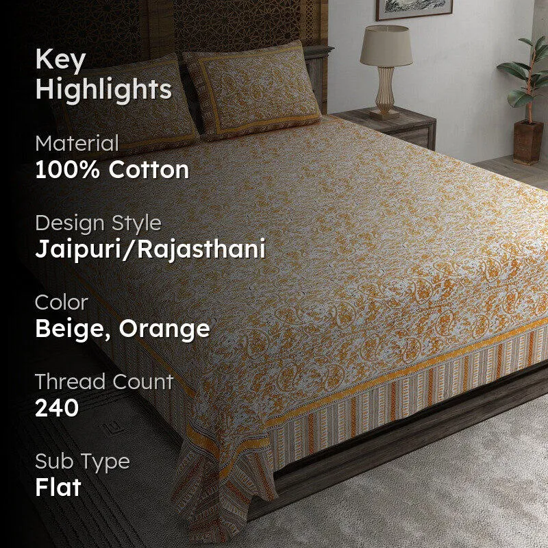 Formix Cotton Bedsheet (Beige,Orange) - 240 TC media 2