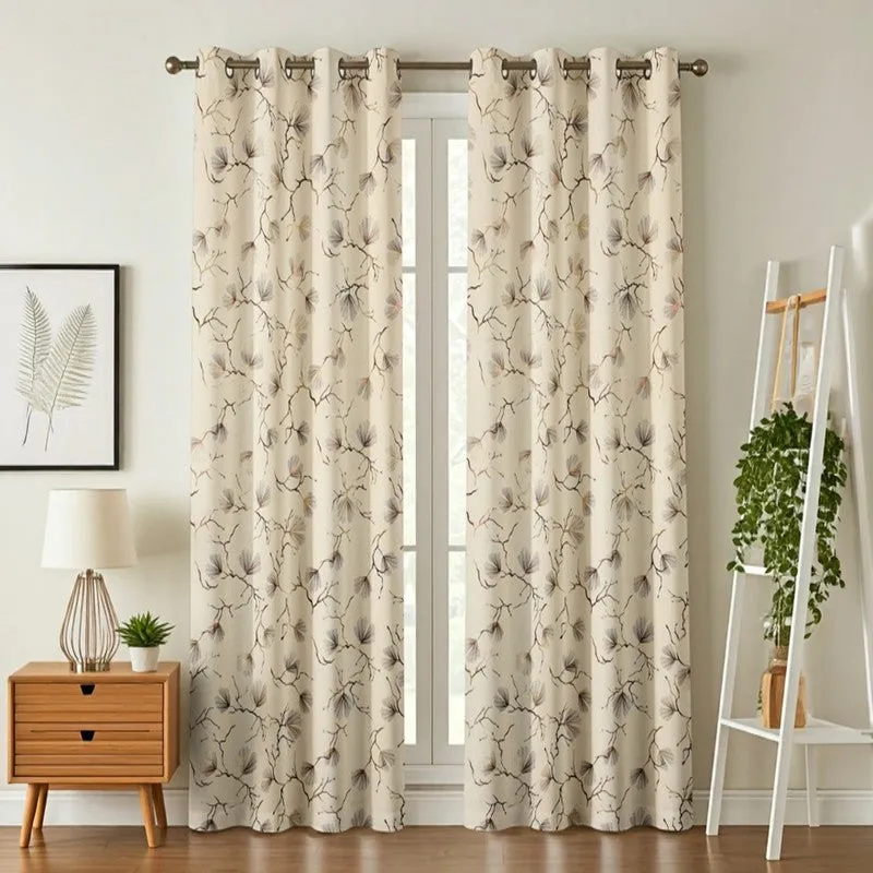 Soft Edge Printed Velvet Curtains (Ivory,Gold) - Set Of Two media 1