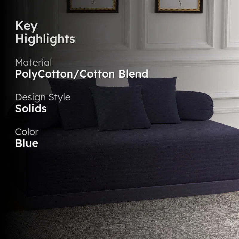 Midnight blue diwan set with key highlights text overlay