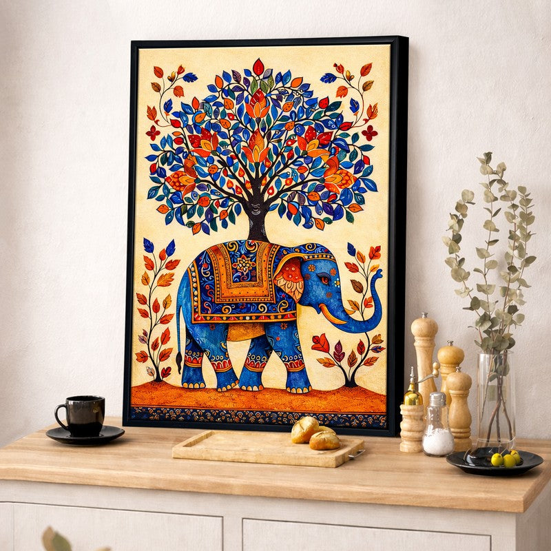 Madhubani Elephant Canvas Wall Painting With Frame media 4