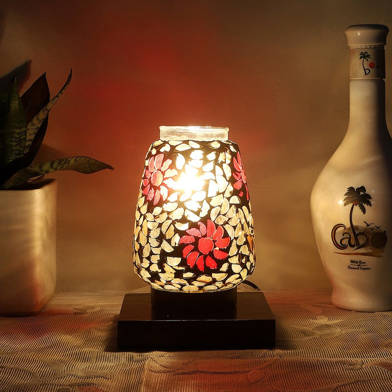 Glassira Mosaic Glass Table Lamp With Wooden Base - Multicolor