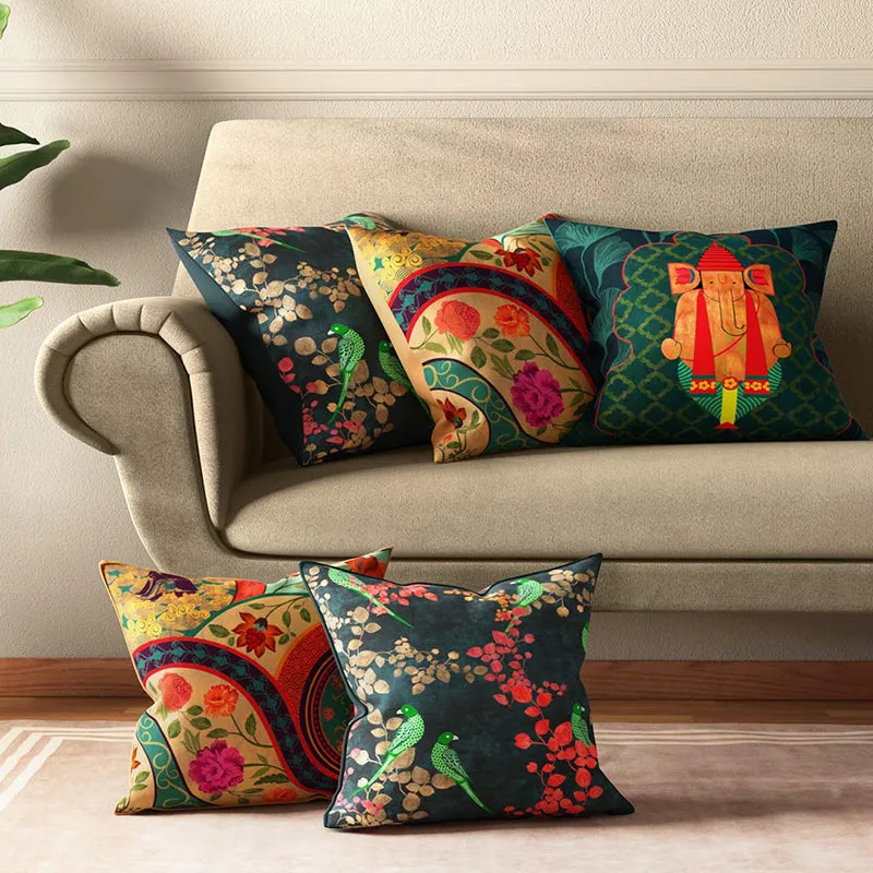 India Circus Temple Trails Printed Satin Polyester Satin Cushion Cover - Set Of Five media 3