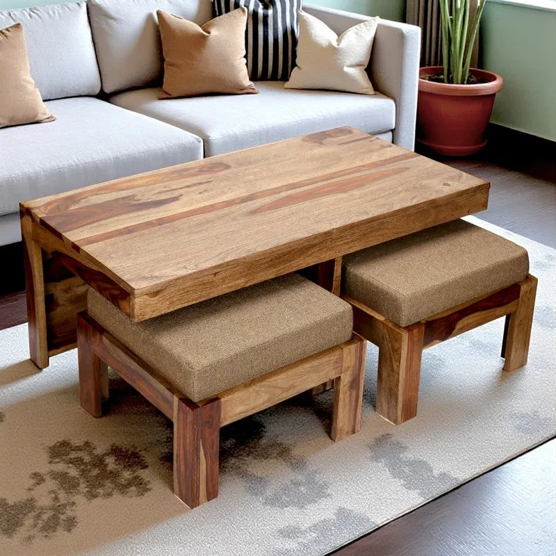 Drexon Sheesham Wooden Center Table with Stools (Brown,Beige) - Five Piece Set media 1
