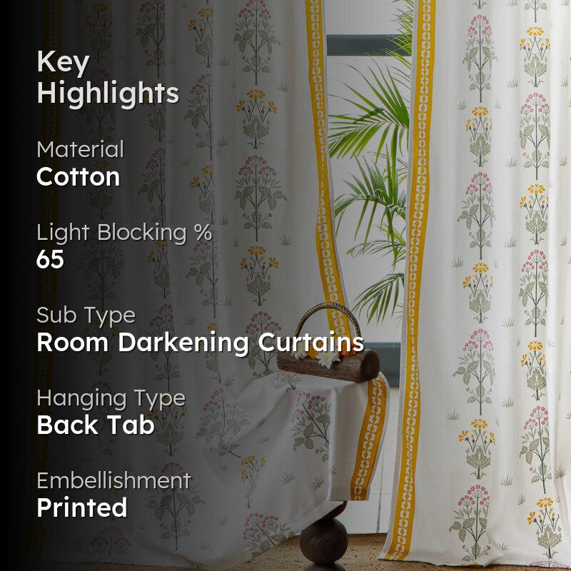 Tranquebar Home Bloom Delight Cotton Curtains(Yellow) - Set Of Two media 2
