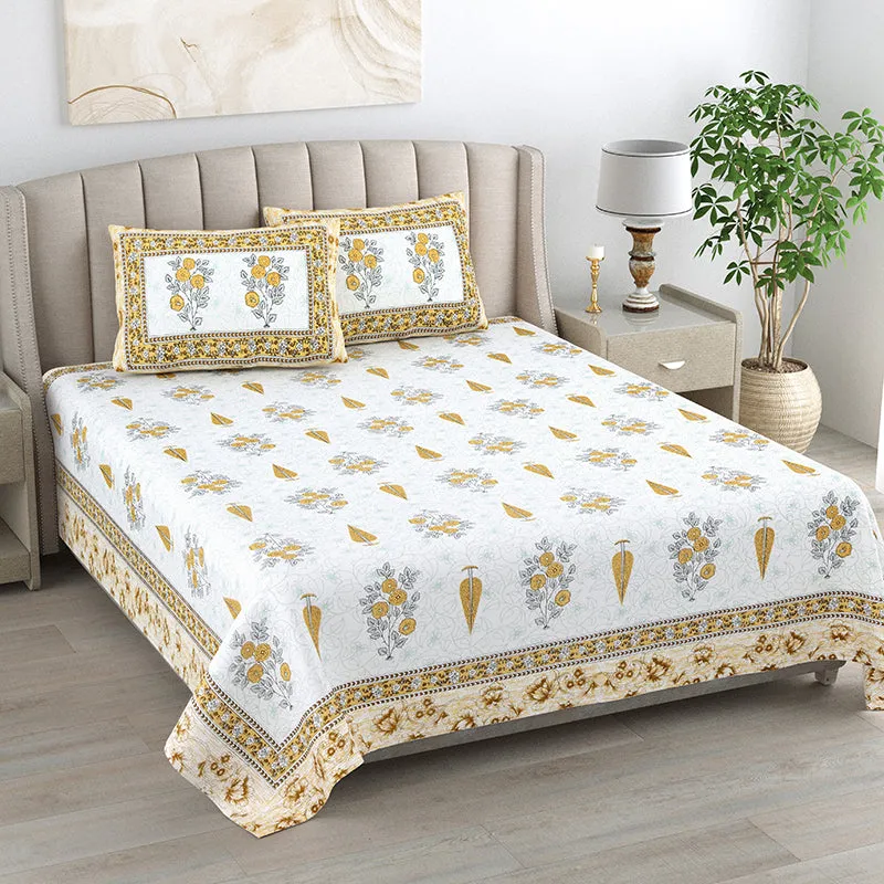 Floral Garden Cotton Bedsheet (Yellow) - 144 TC media 1