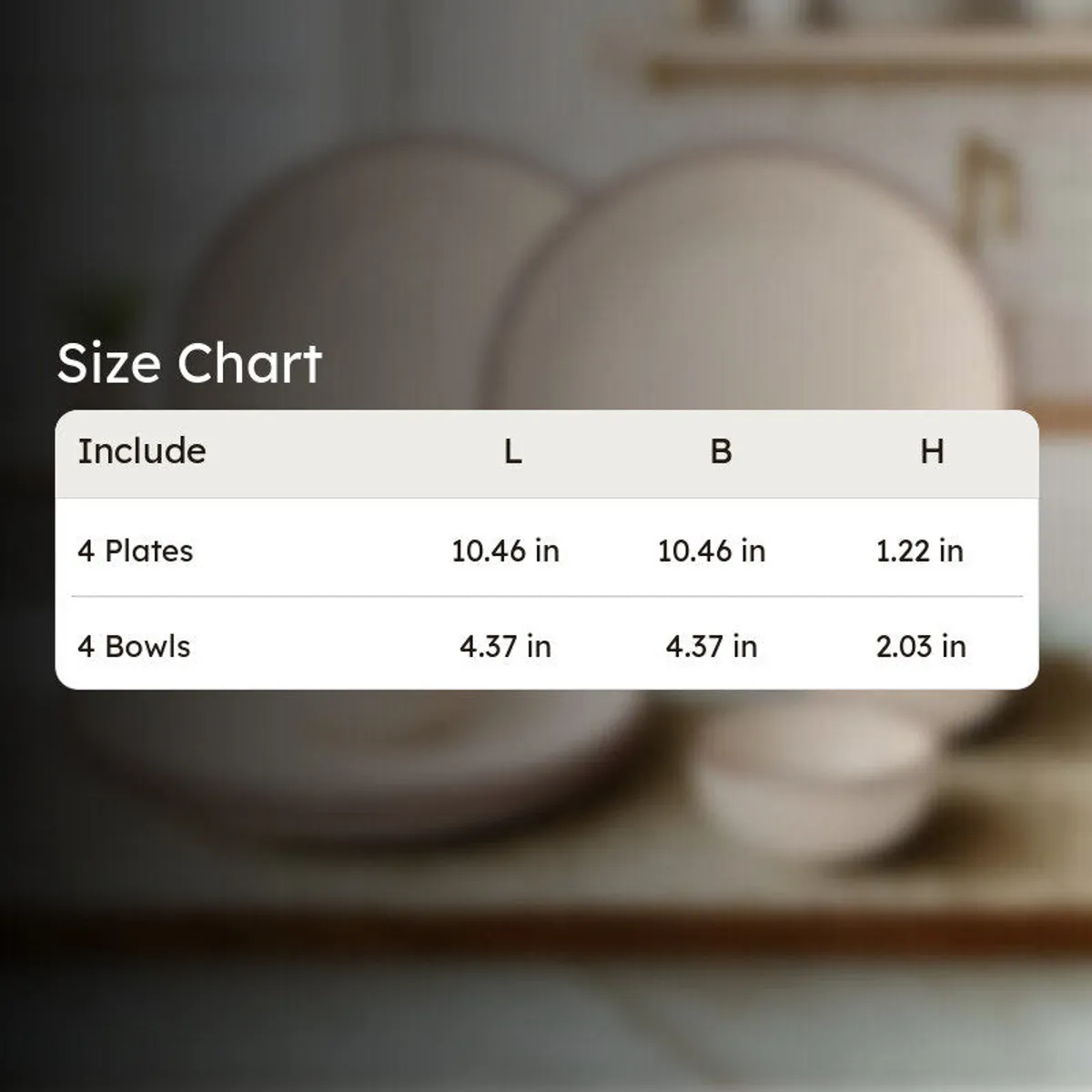 Beige speckled dinner set displayed with a size chart for plates and bowls