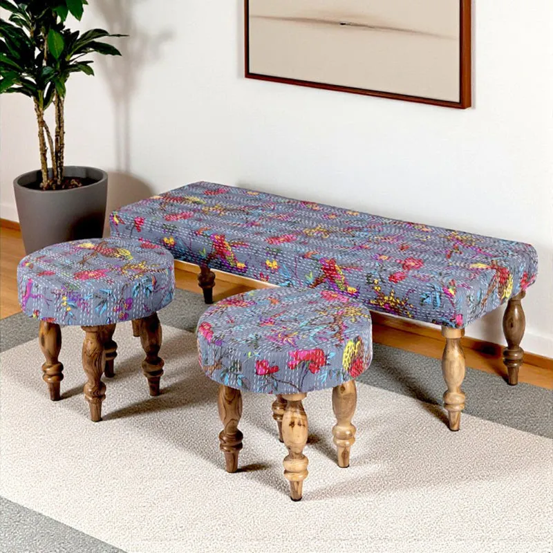Averon Sheesham Wooden Bench with Stools (Grey) - Three Piece Set media 1