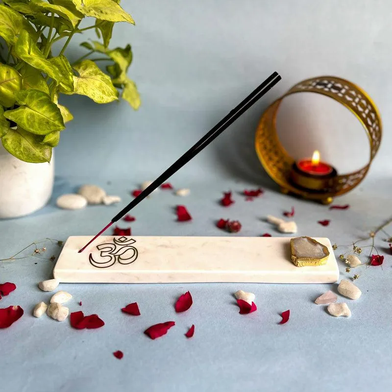 Om Marble Incense Holder With Agate Plating - White media 4