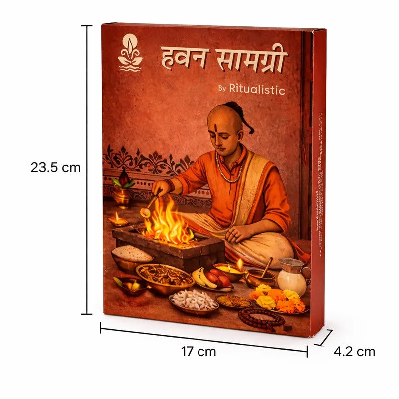 Illustrated havan samagri box shown from the front