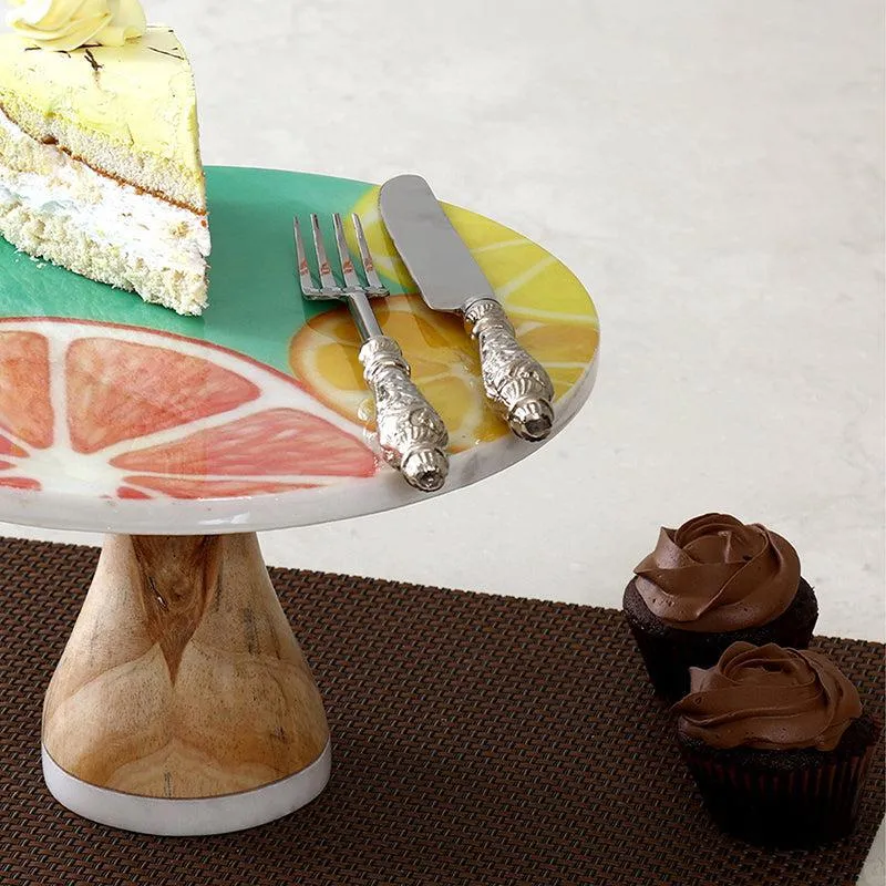 Citrus Wave Printed Marble & Wood Cake Stand media 3