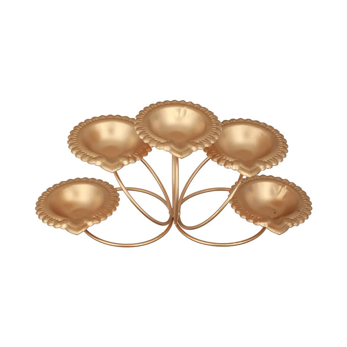 Gold floral diya arrangement with five scalloped bowls on white background