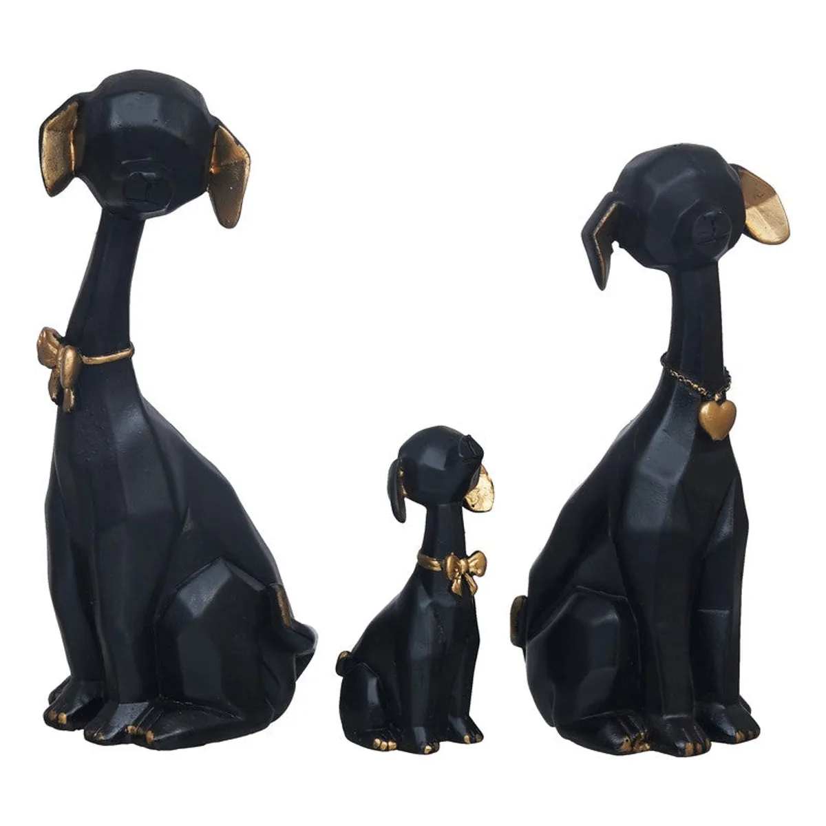 Rear angled view of black and gold dog showpieces