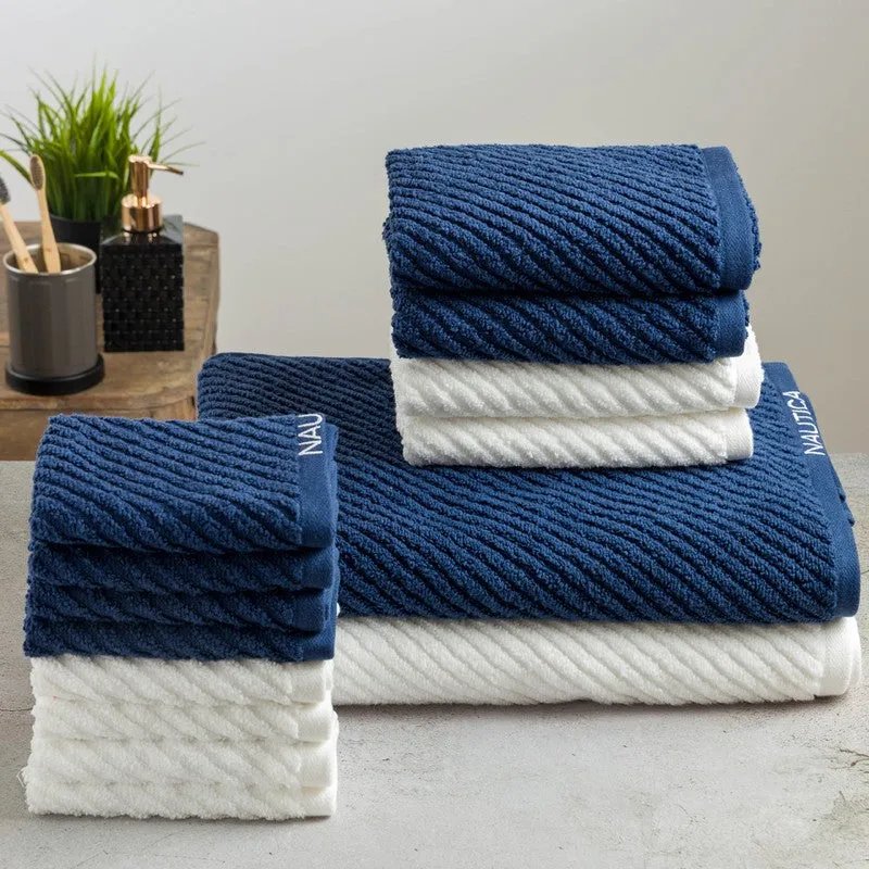 Nautica Riviera Soft Cotton Towel Set (White & Dark Blue) - Fourteen Piece Set media 4
