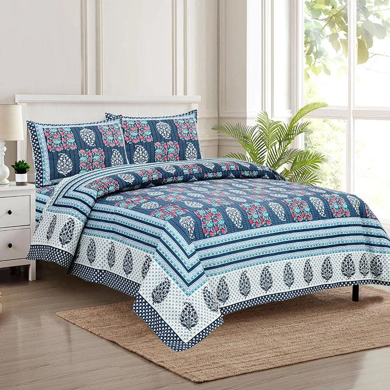 Gulzar Heritage Floral Cotton Bedsheet (Blue & White) - 160 TC media 1