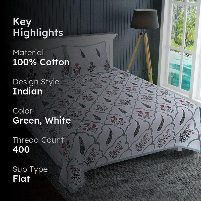 RiwaayatWhite Handblock Printed Cotton Bedsheet (Olive) - 400 TC media 2