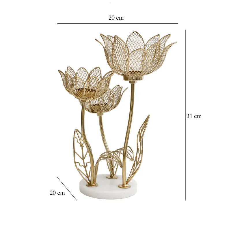 Lotus-inspired triple candle holder shown against a white background