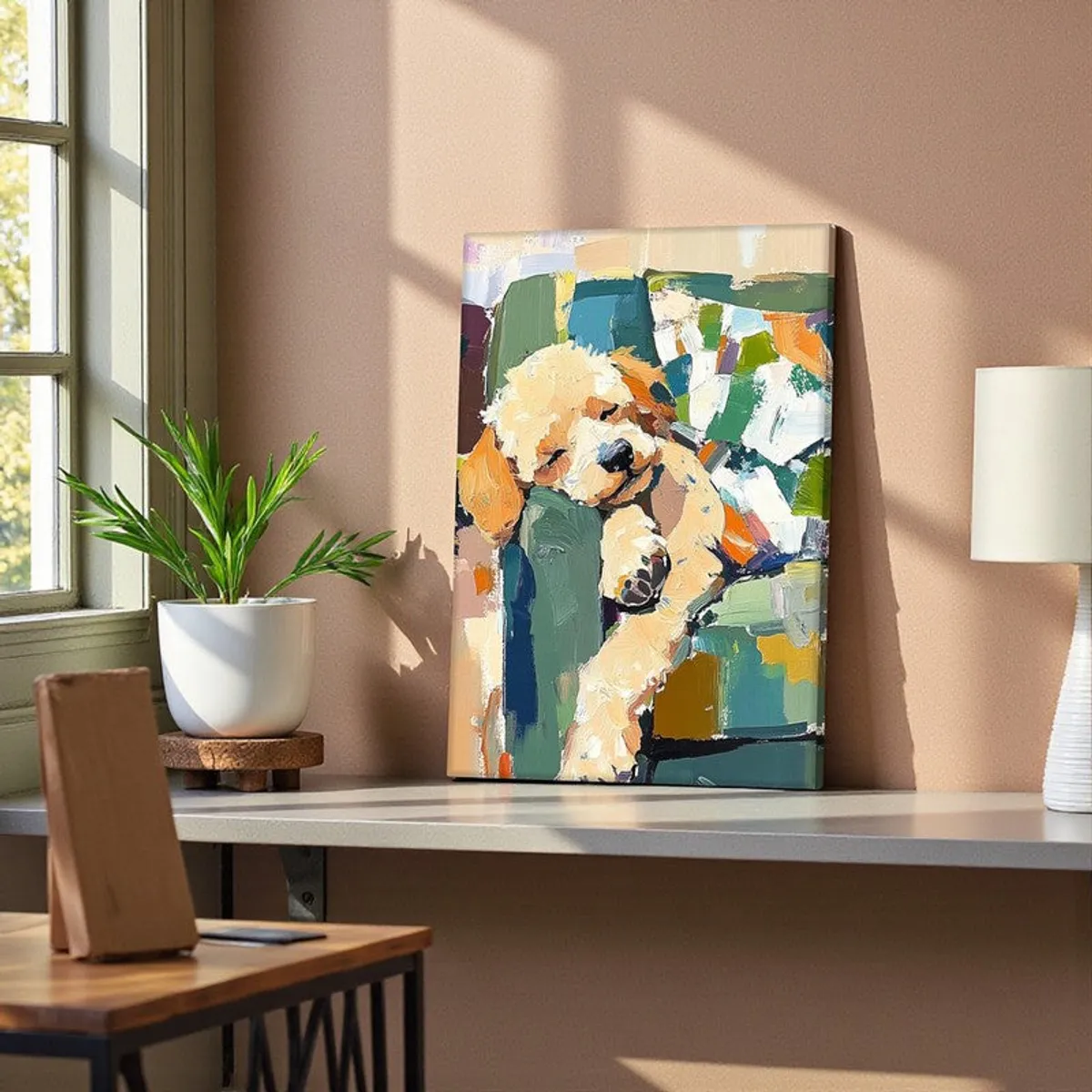 Abstract puppy canvas art displayed on a desk in a sunlit room