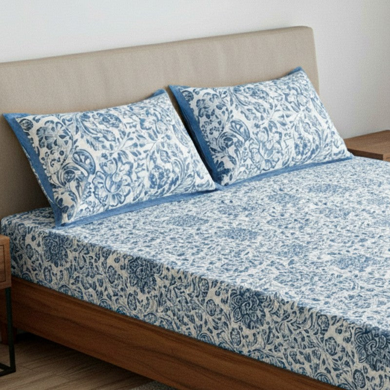 Micola Floral Printed Cotton Bedsheet (Blue) - 120 TC media 3