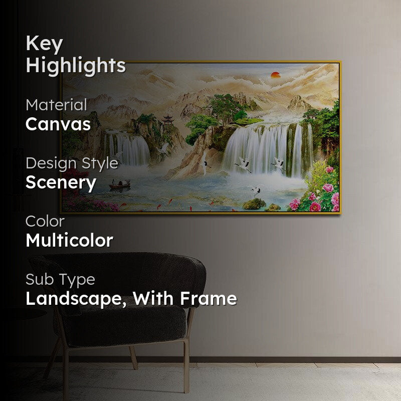 Savannah Waterfalls Landscape Canvas Wall Painting With Frame - Gold media 2