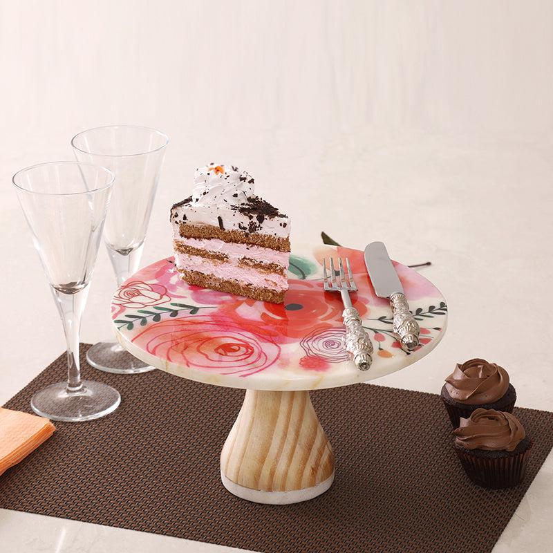 Spring Roses Printed Marble & Wood Cake Stand