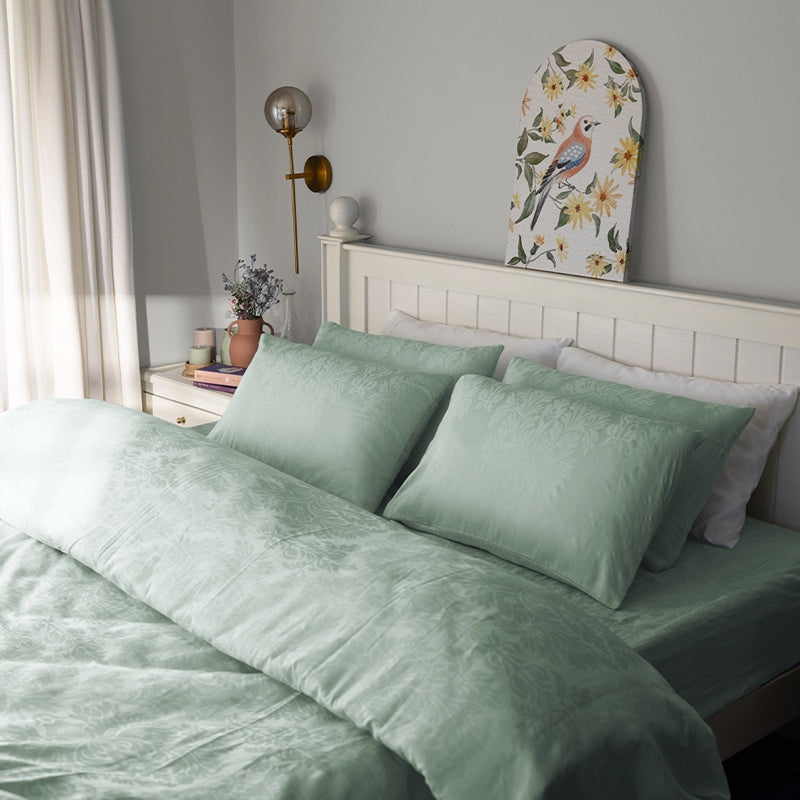 Symmetry Charm Fitted Jacquard Cotton Bedsheet (Sage Green) - 300 TC media 4