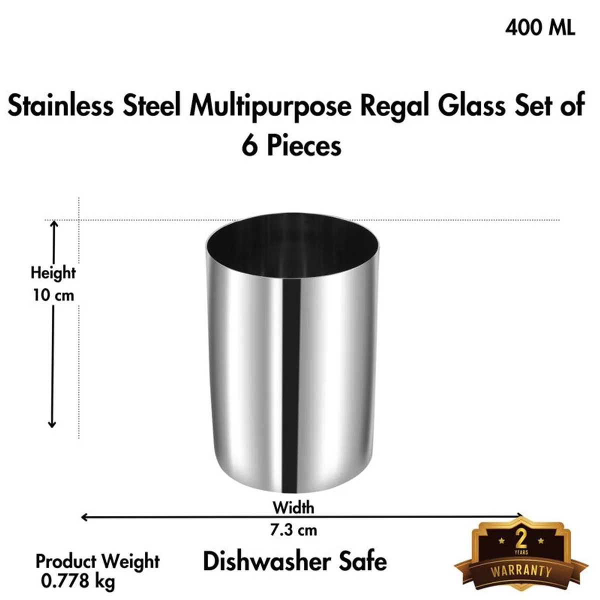 Silver glass with illustrated 400 ml dimensions and dishwasher-safe information