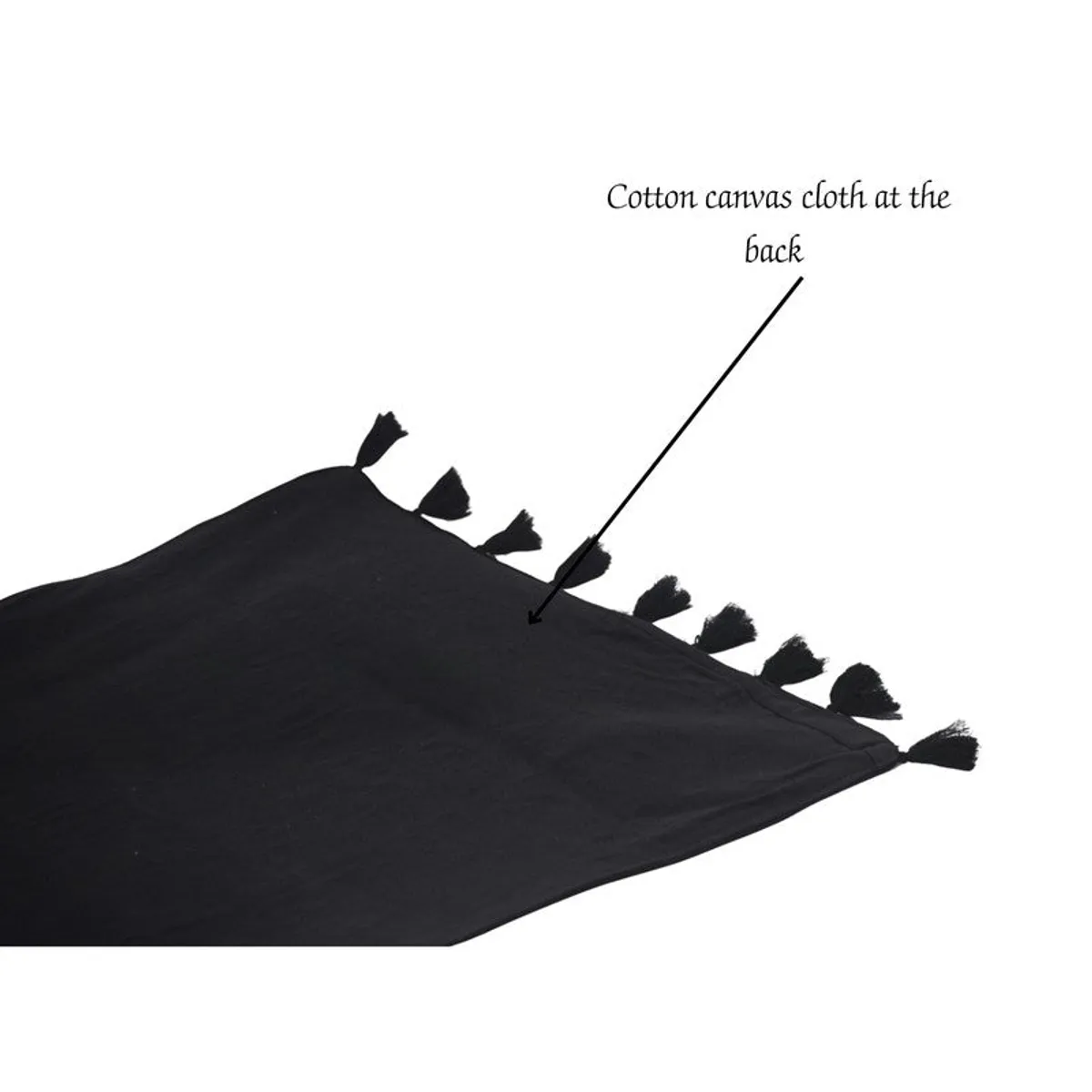 Back view of the runner rug in black fabric with tasselled edge