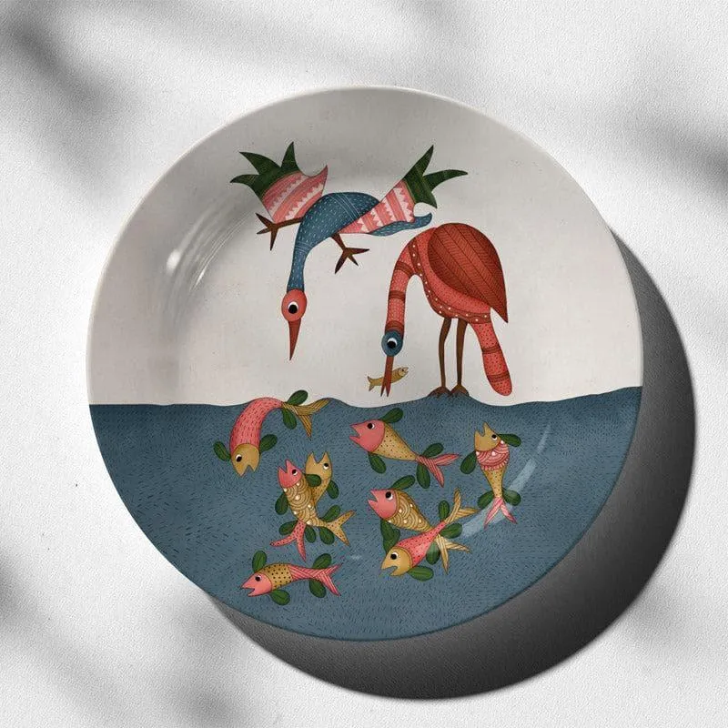Fishing Cranes Gond Art Wall Plate media 3