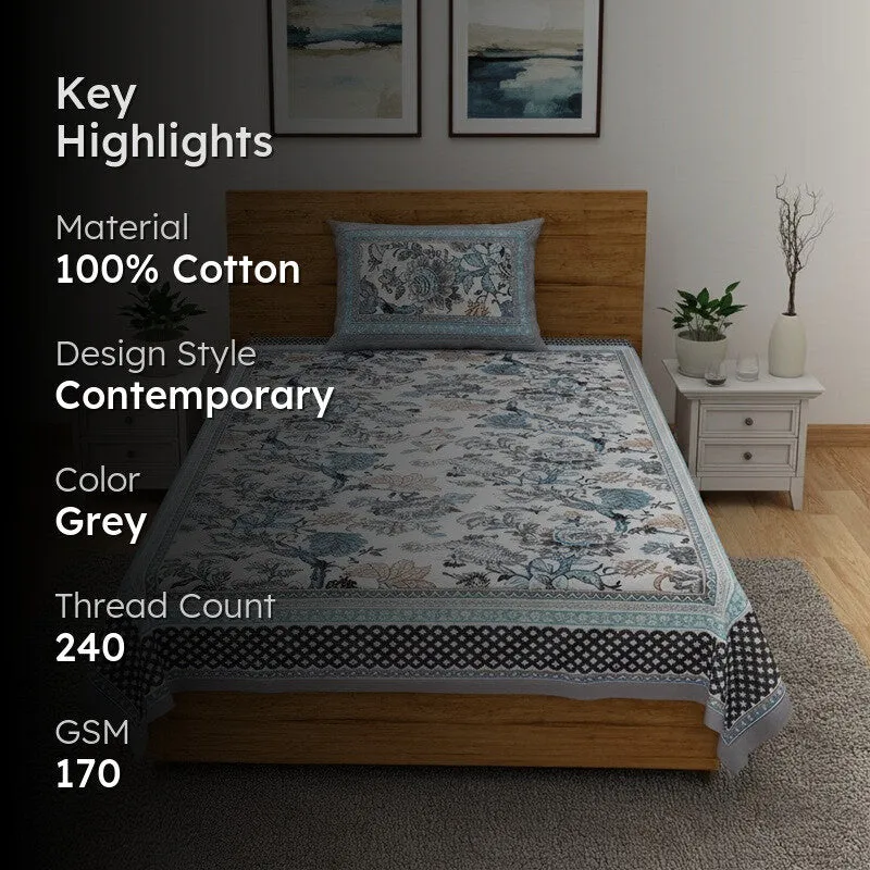 Sleepora Floral Cotton Bedsheet (Blue & White) - 240 TC media 2