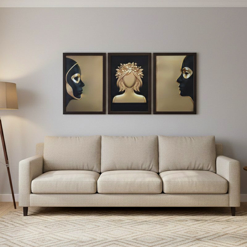 Artistic Feminine Faces Wall Painting With Frame - Set Of Three
