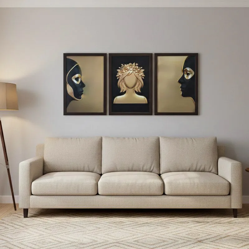 Artistic Feminine Faces Wall Painting With Frame - Set Of Three media 1