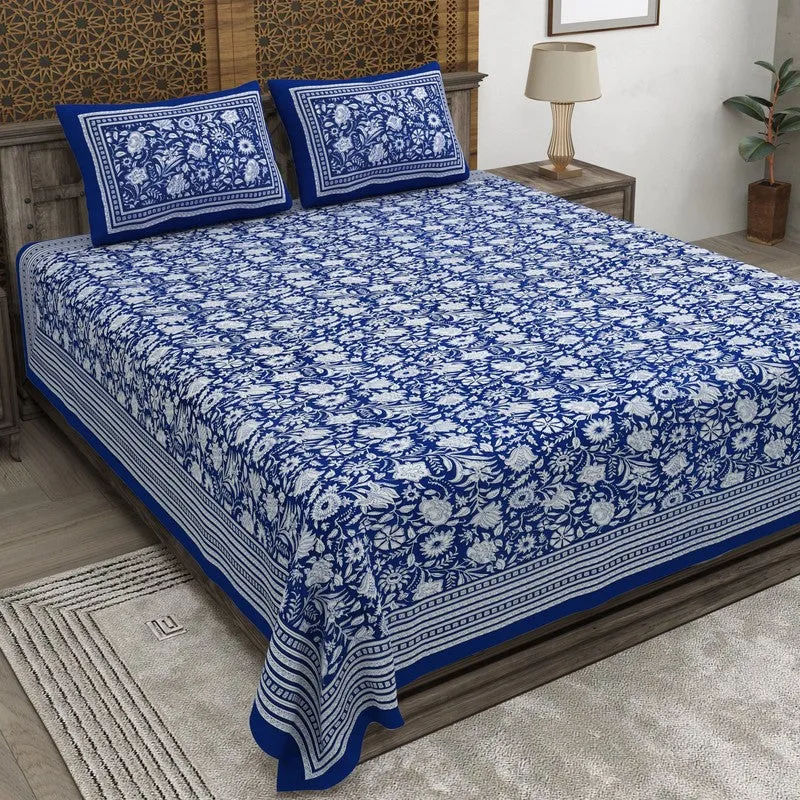 Blossomar Cotton Bedsheet (Blue,White) - 240 TC media 1