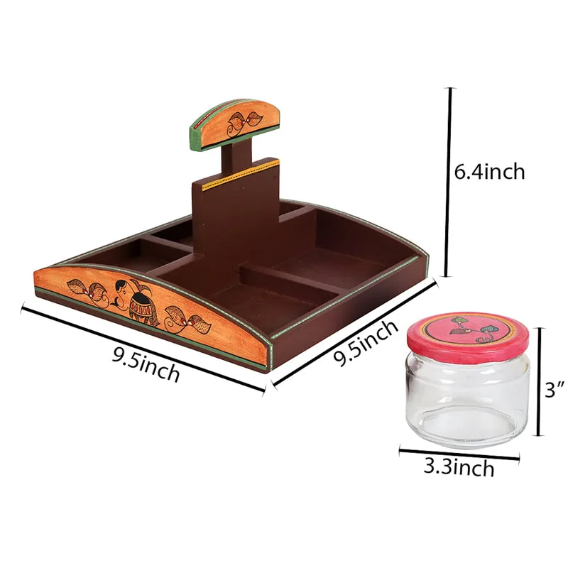 Decorative tray and jar shown with measurement lines in a product dimensions view.