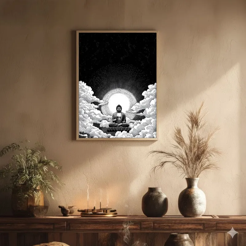 Buddha In Clouded Serenity IV Wall Painting With Brown Frame media 1