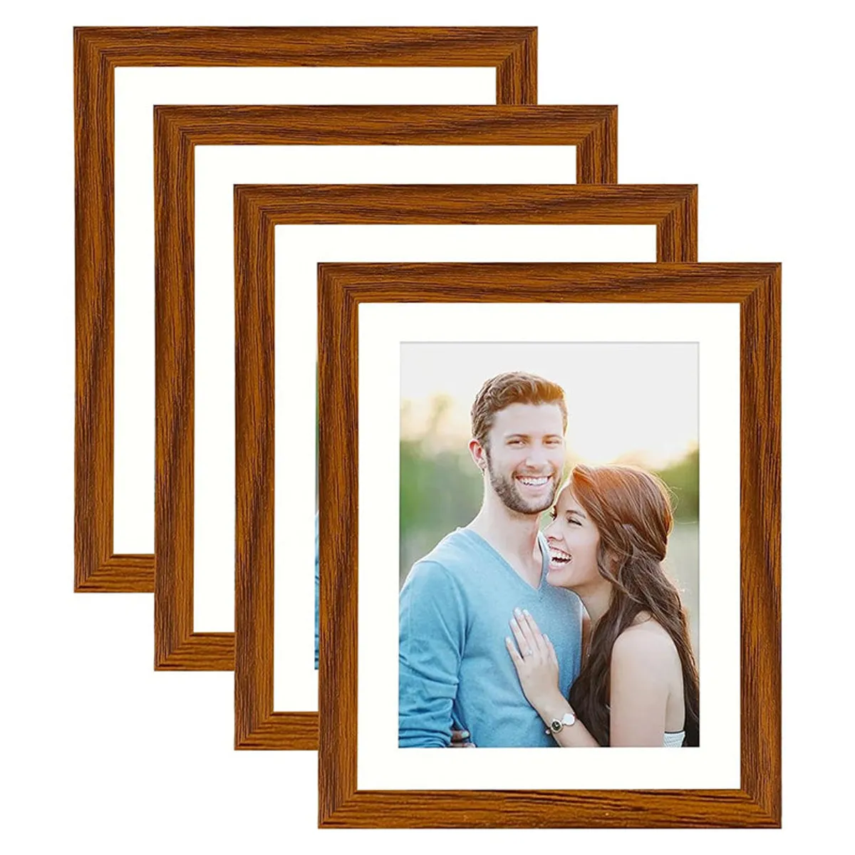 Four brown wooden frames shown overlapping against a white background