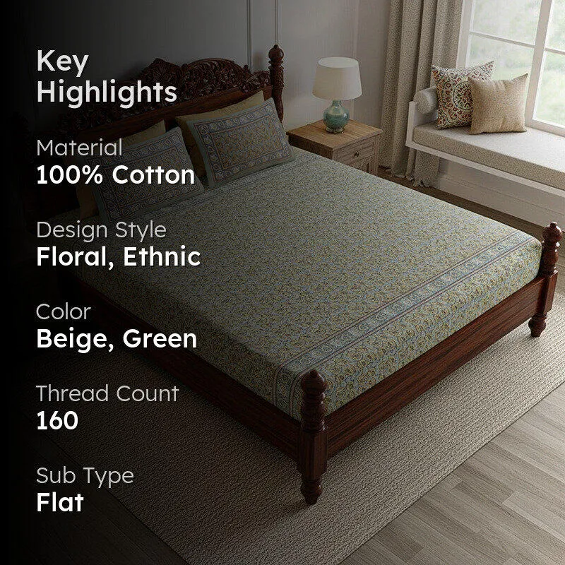 Timeless Motifs Cotton Bedsheet (Mustard Yellow) - 180 TC media 2