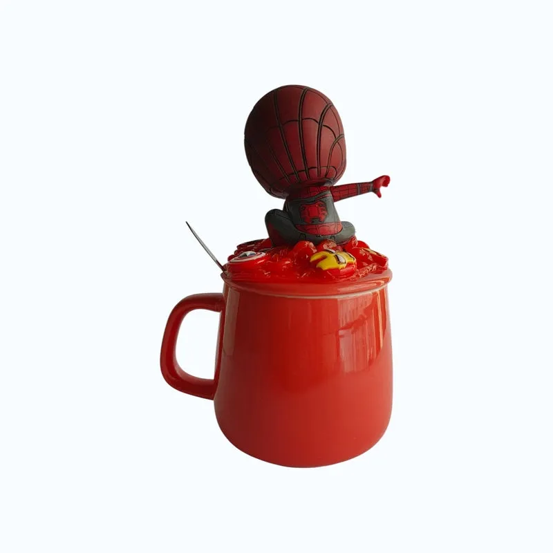 Back view of red mug with 3D character lid and spoon tucked inside