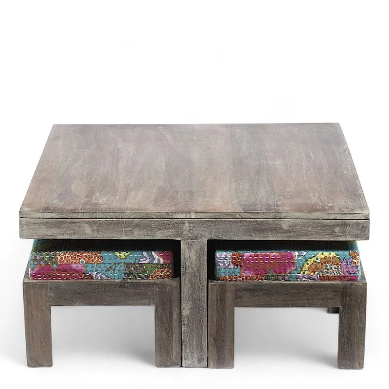 Exiron Sheesham Wooden Center Table with Stools and Cushions (Grey,Green) - Nine Piece Set media 4